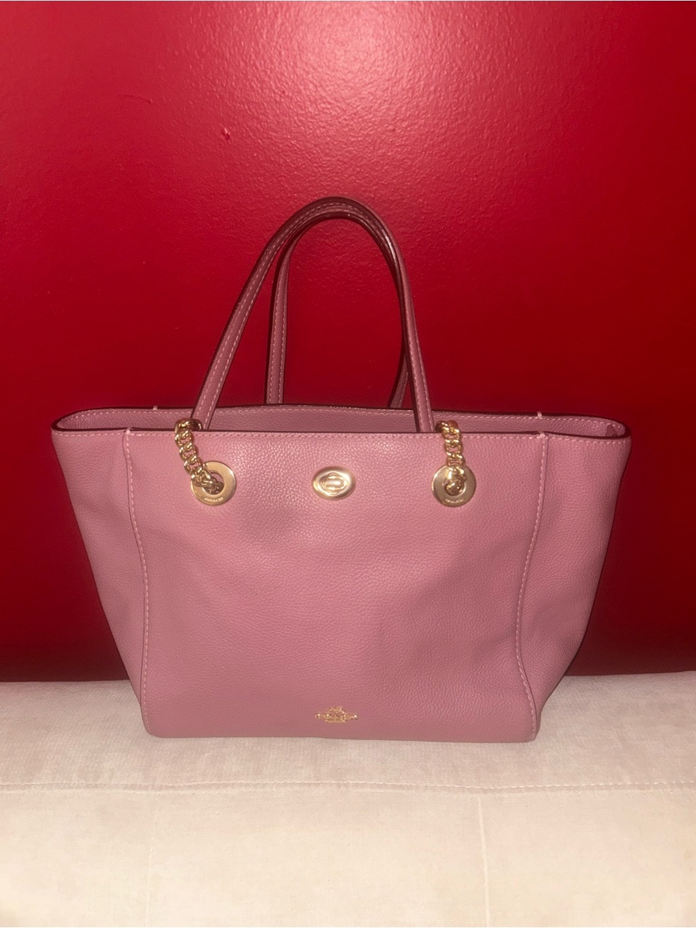 Coach Pink Pebble Leather Tote with Gold Chain Handles